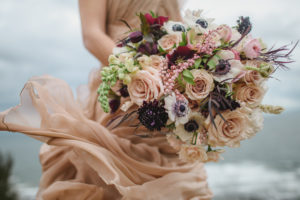 Anemone Bouquet in the Wind Blush Gown Colours of the Wind Erin Wallis Photography West Coast Weddings Magazine