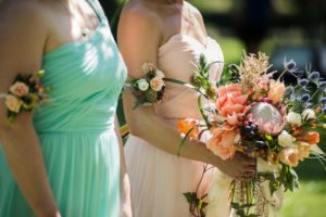 Bridesmaids in Pastels with Bouquet of Peach Roses Brown's the Florist by Funkytown Photography West Coast Weddings