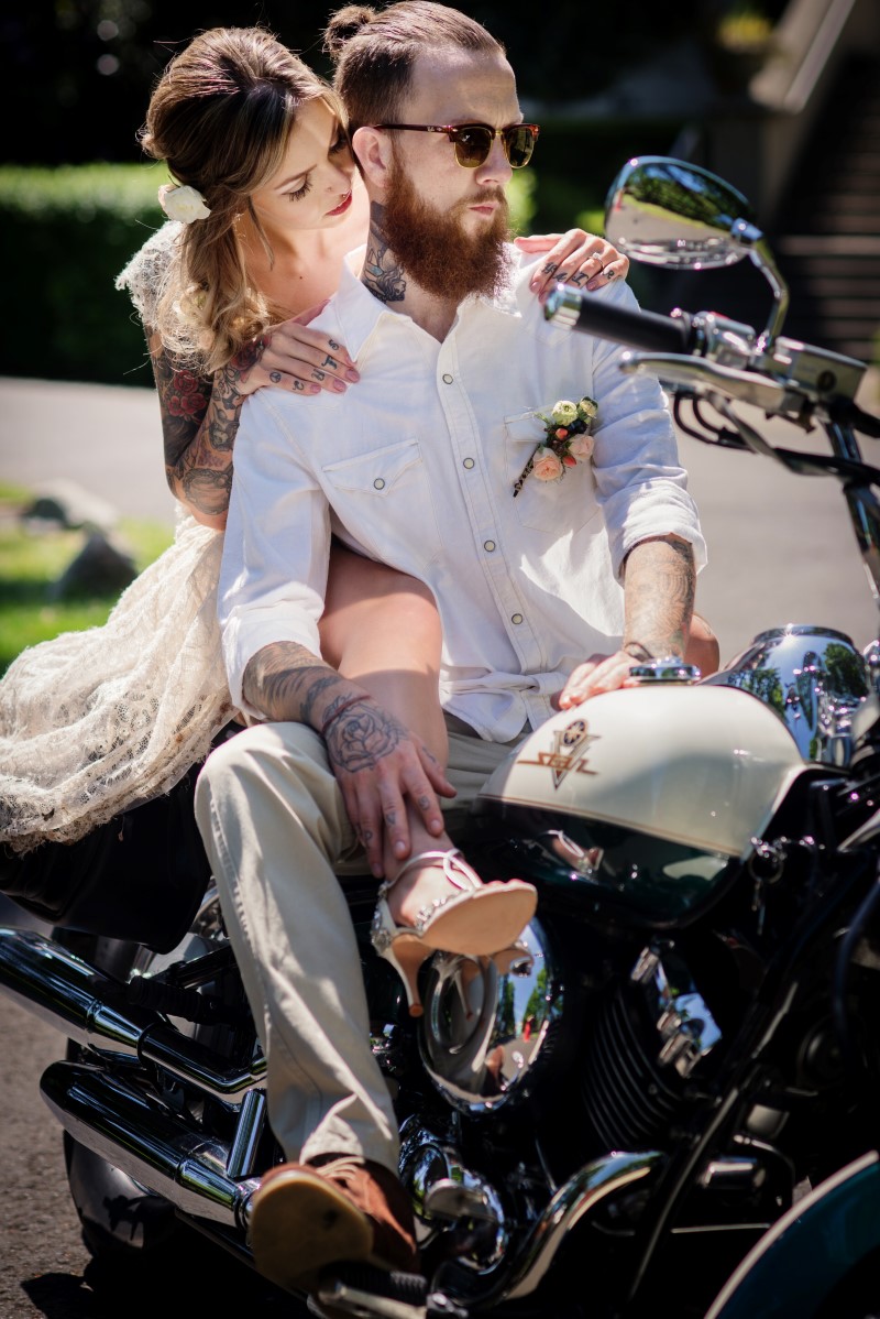 Boho Wedding Couple on Motorcycle with Emmy London Shoes Vancouver Island