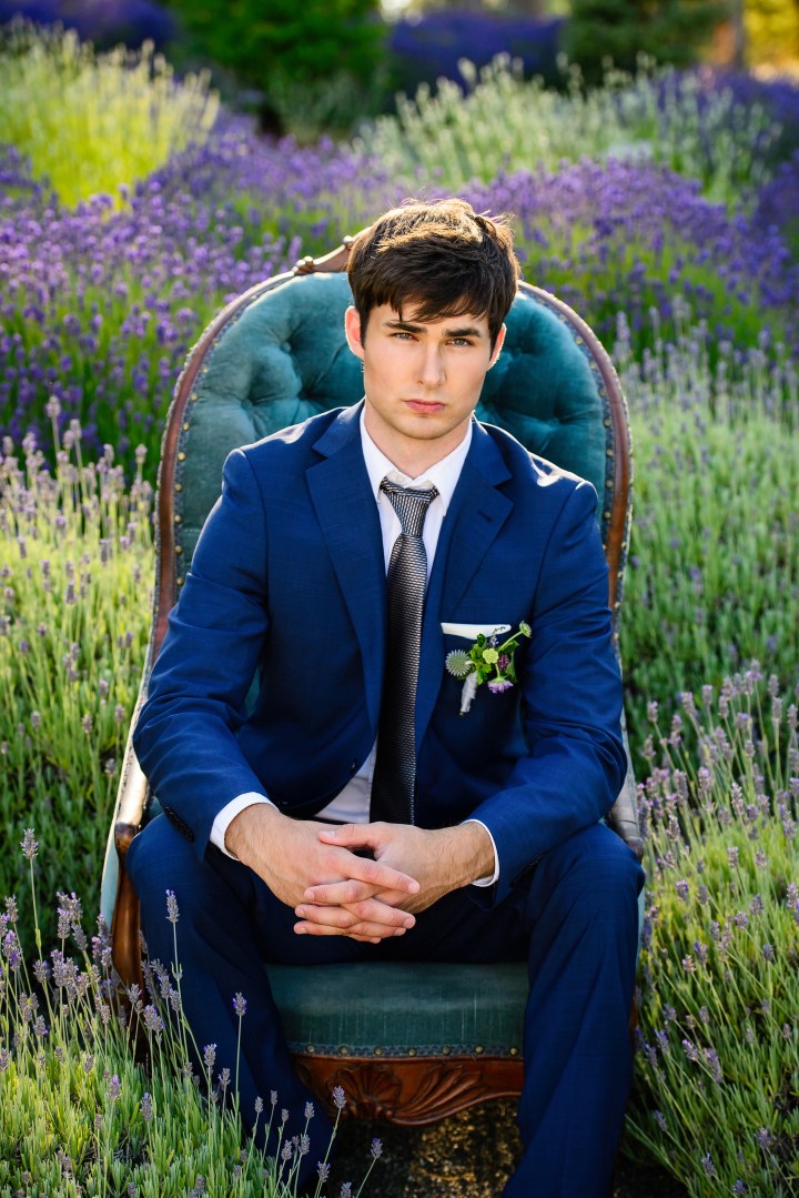 Groom on Chair in Lavender Field Kristen Borelli Photography
