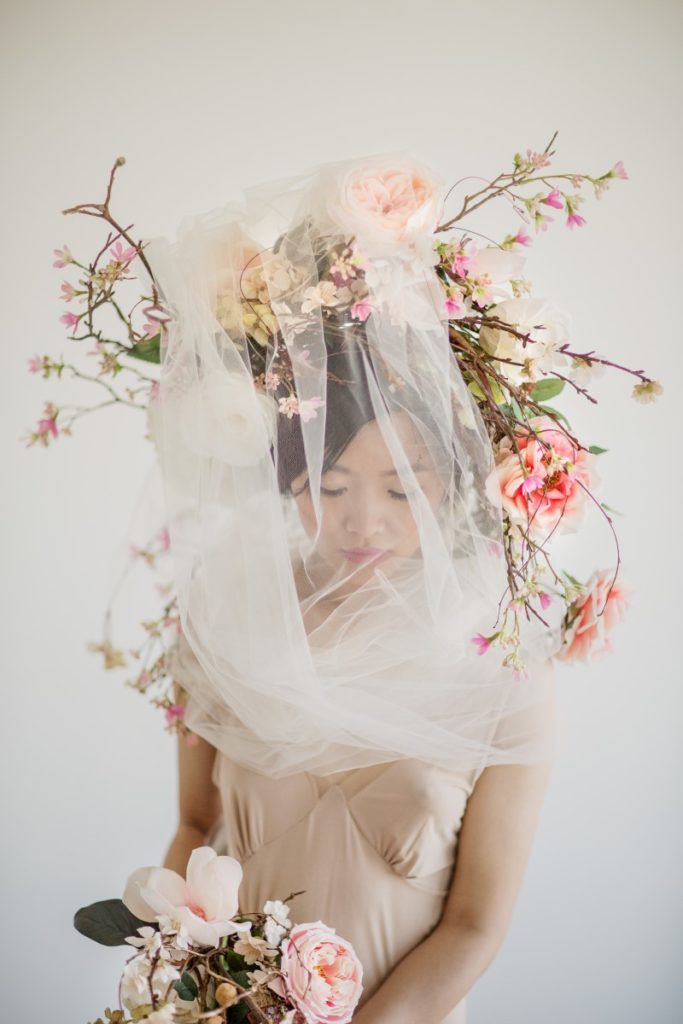 Floral Wreath and Veil Asian Botanical Beauty Maru Photography Deborah Lee Designs West Coast Weddings Magazine