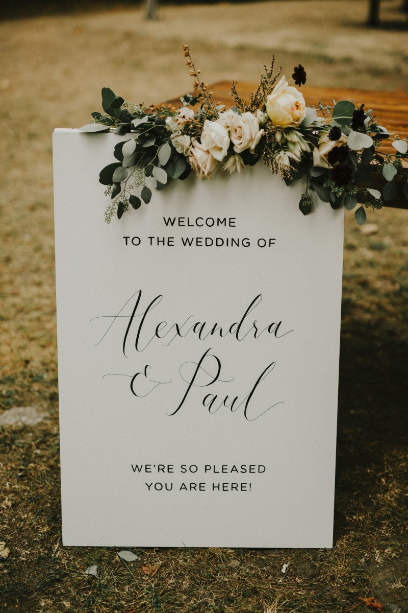 Welcome sign to ceremony Elegant Woodland West Coast Weddings Magazine Vancovuer