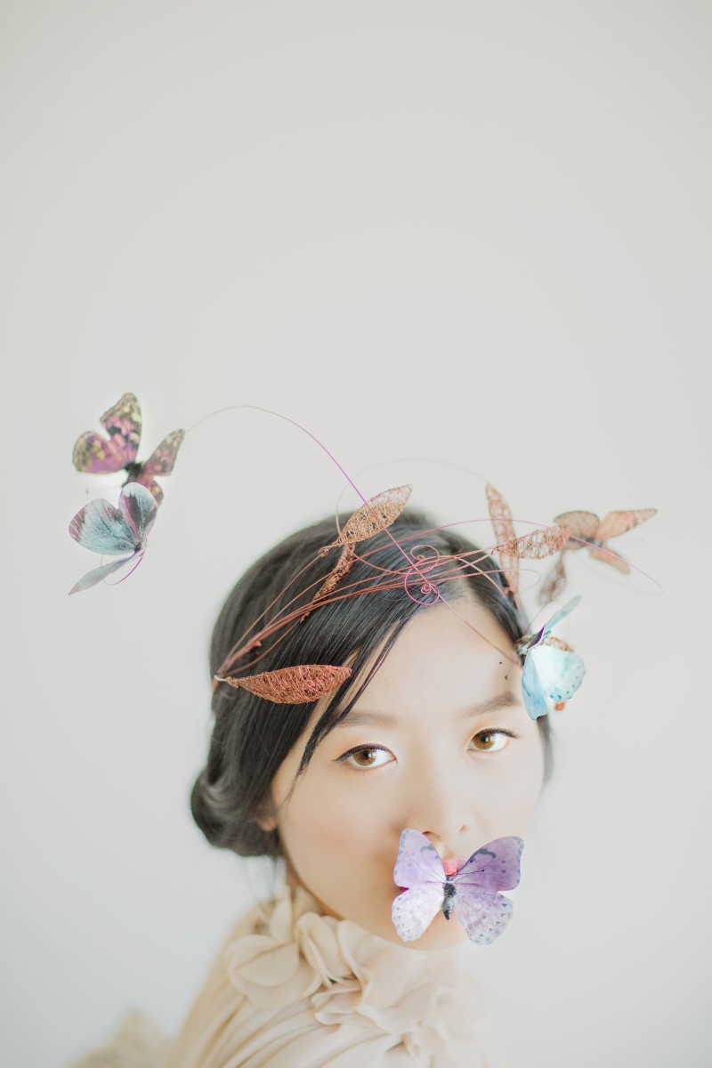 Butterfly Asian Botanical Beauty Maru Photography Deborah Lee Designs West Coast Weddings Magazine Head Wreath Bridal
