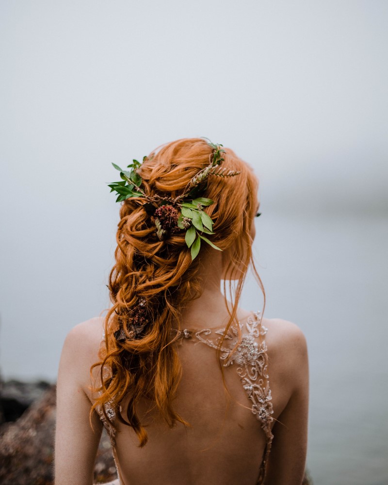 Celtic Bride with Flowers in red hair by Willow Hairstyling Vancouver Island Wedding Magazine