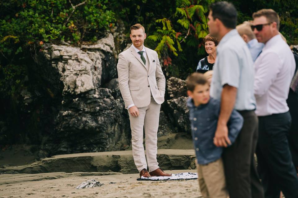 Tofino Elopement Groom awaiting his bride for beach ceremony on Vancouver Island