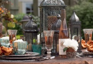 Large Moroccan Lantern Table Centerpiece with Pewter Glasses