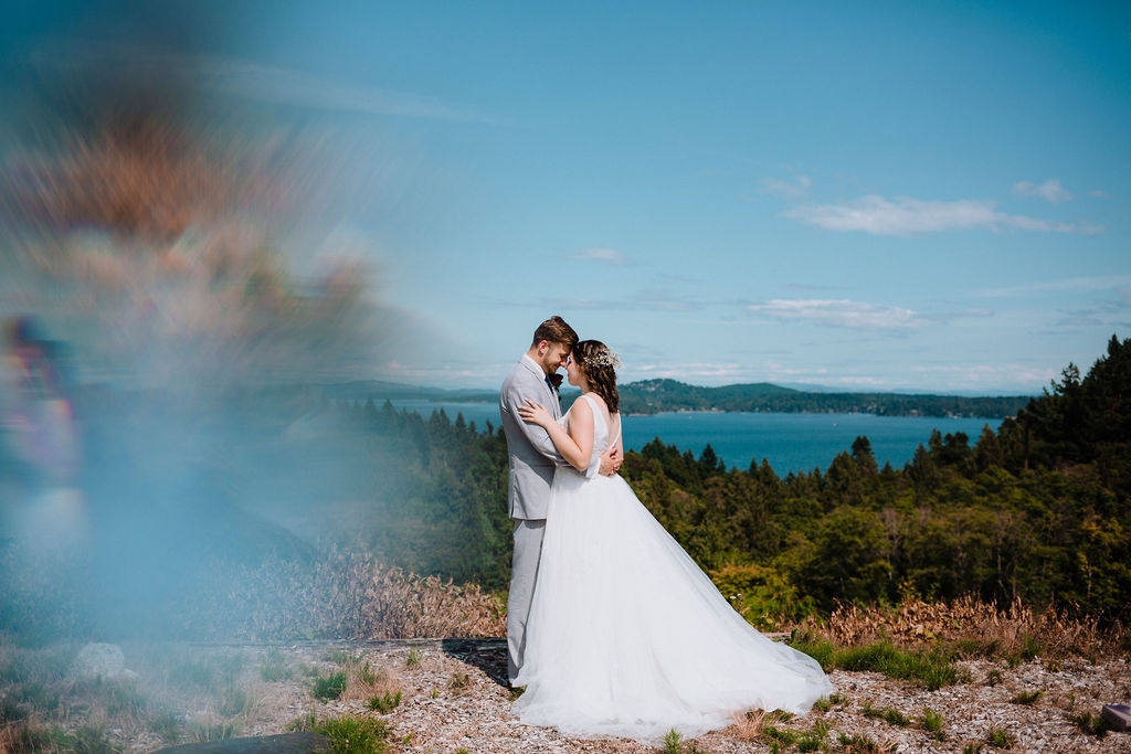 Happily Ever After Bride and Groom along ocean on Vancouver Island