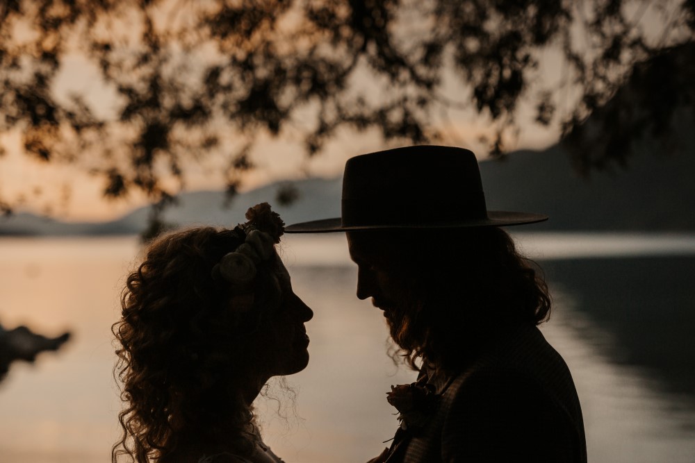 Golden Hour Newlyweds Silhouette by lake