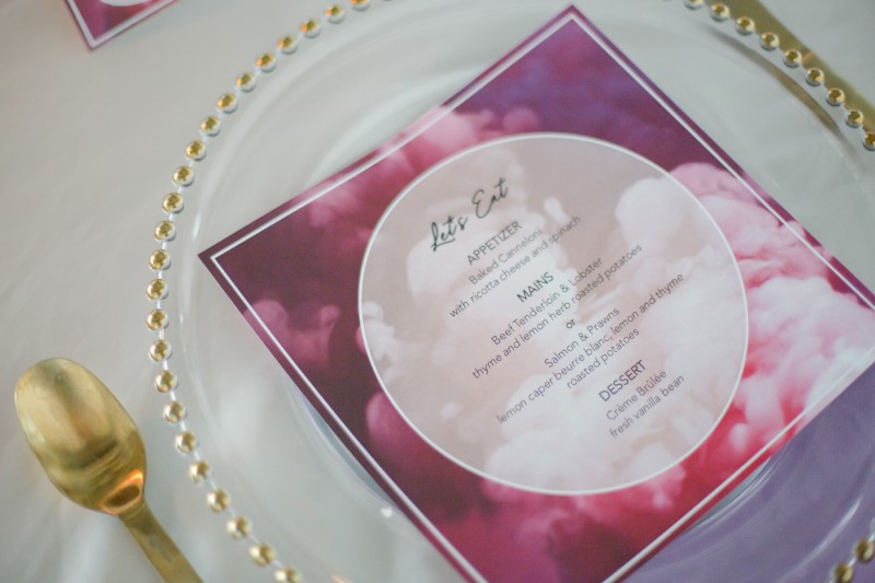 Whimsical purple and pink paper suite invites at The Wallace Vancouver 
