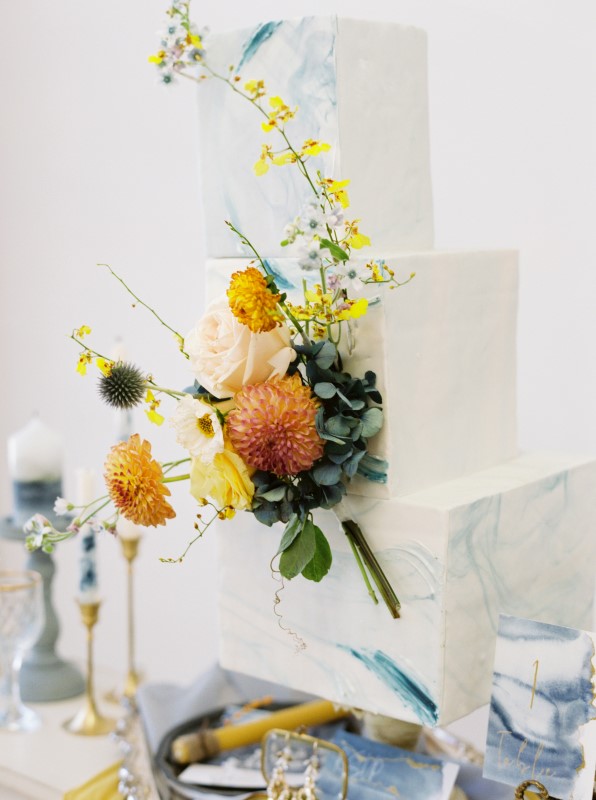 Exquisite Dusty Blue Wedding Cake with Orange and Yellow Flowers by Momo Chen Cakes Vancouver