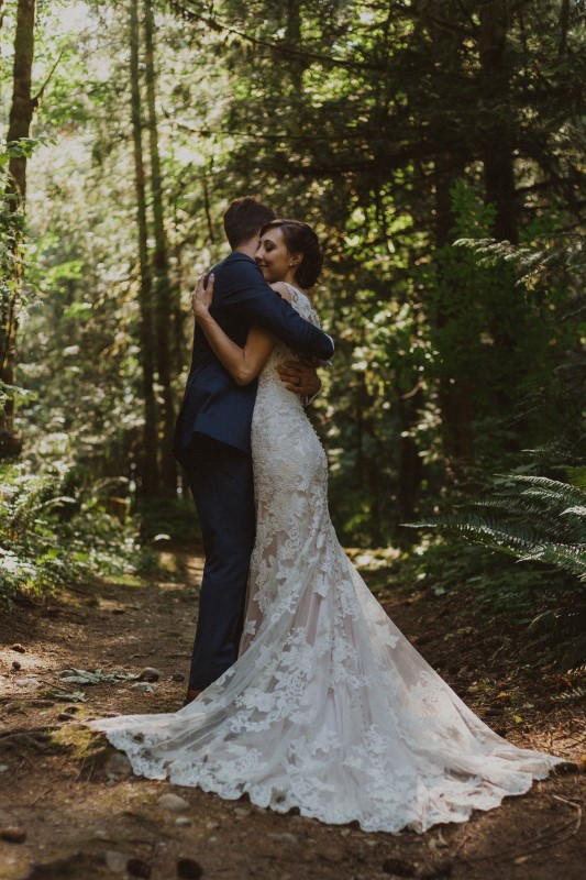 Vancouver Island Newlyweds Embrace in Forest