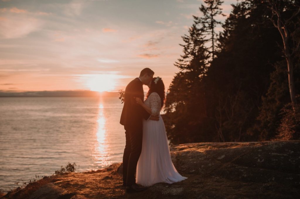 Sunshine Coast Elopement couple on beach while sun sets behind by Jennifer Picard