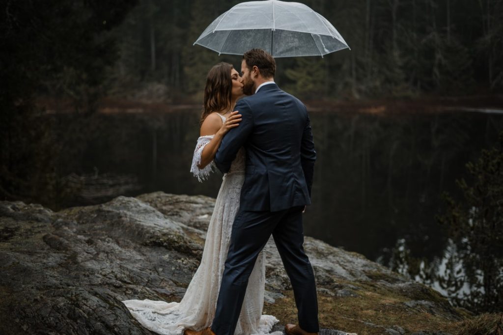 Bride and Groom under lace umbrella on Vancouver Island