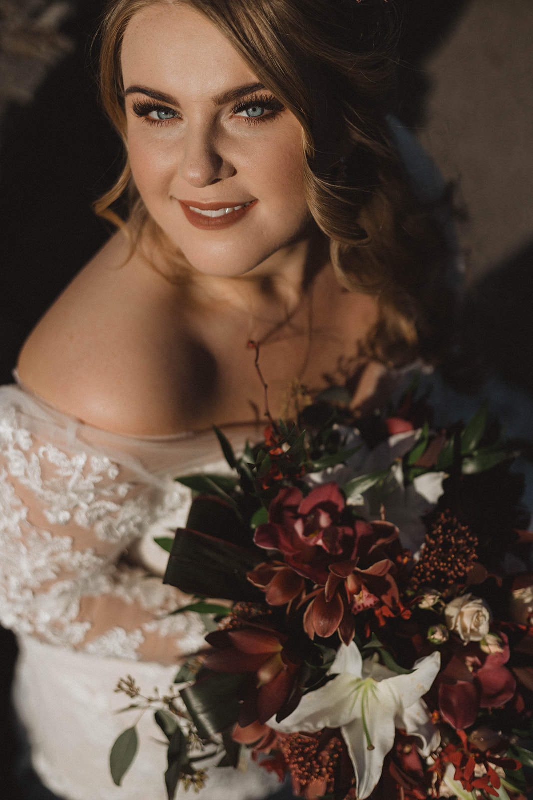 Bride in off the shoulder lace gown and makeup/hair by Rory James Vancouver