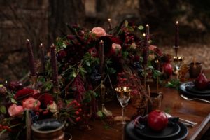Magical Woodsy Wedding Reception Table with Rich Autumn Colors and fruit by Deborah Lee Designs Vancouver