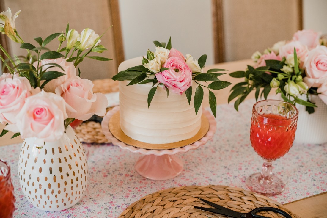 Bridal Shower Cake with wine and pink flowers