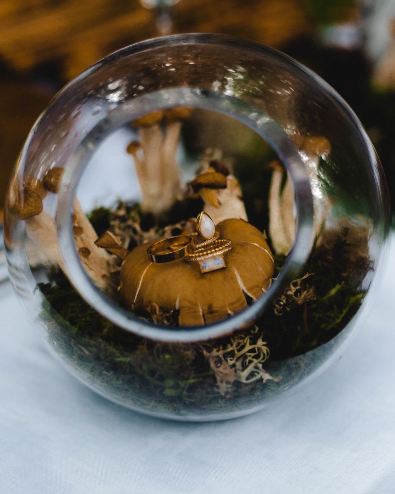 Glass Glove filled with mushrooms and ferns on forest wedding table on Vancouver Island