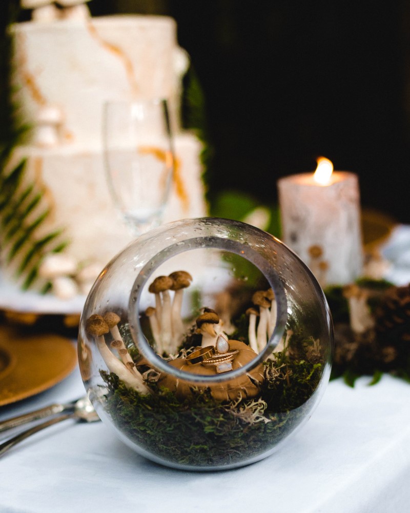 Glass globe filled with ferns and mushrooms on wedding table