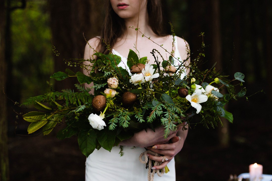Bridal bouquet of mushrooms, greenery and white flowers by Stemistry Vancouver