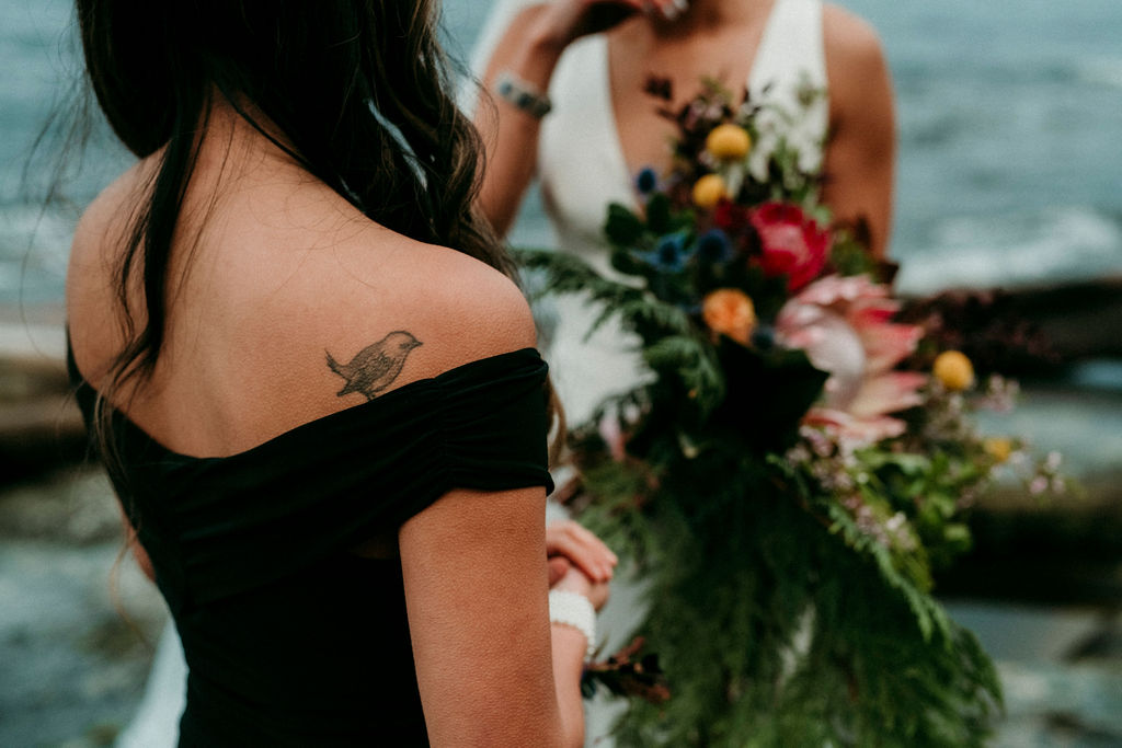 Changing Plans Anastasia Photography maid of honor or bridesmaid with bird tattoo