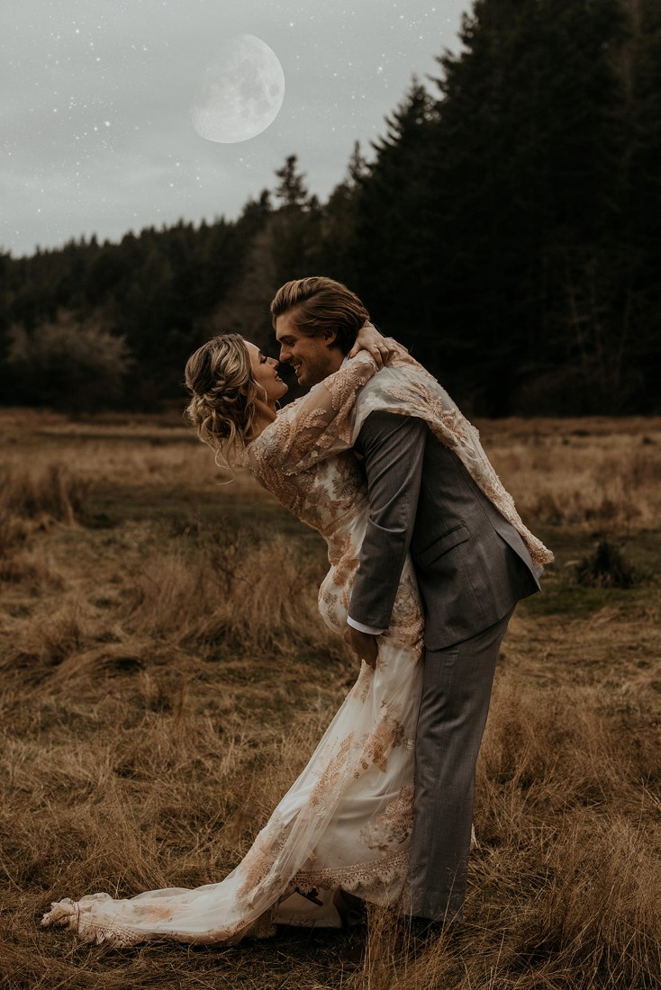 Romantic Cover for Vancouver Island Magazine Secret Waters Photography bride and groom embrace in field under the moon
