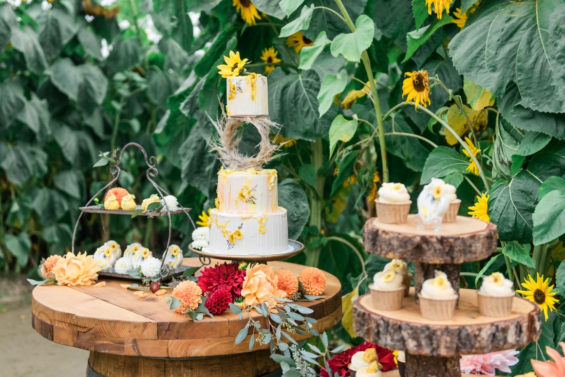 Sunflowers and Sunshine Wedding Inspo sunflowers wedding cake and dessert table