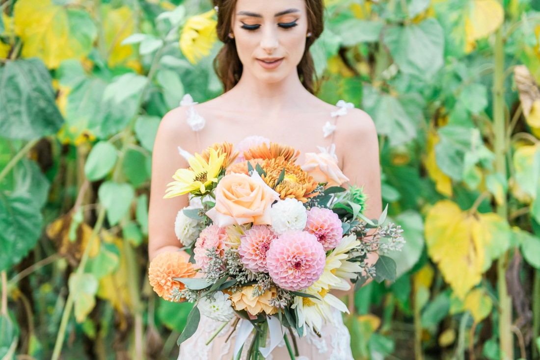 Sunflowers and Sunshine Wedding Inspo bridal bouquet closeup