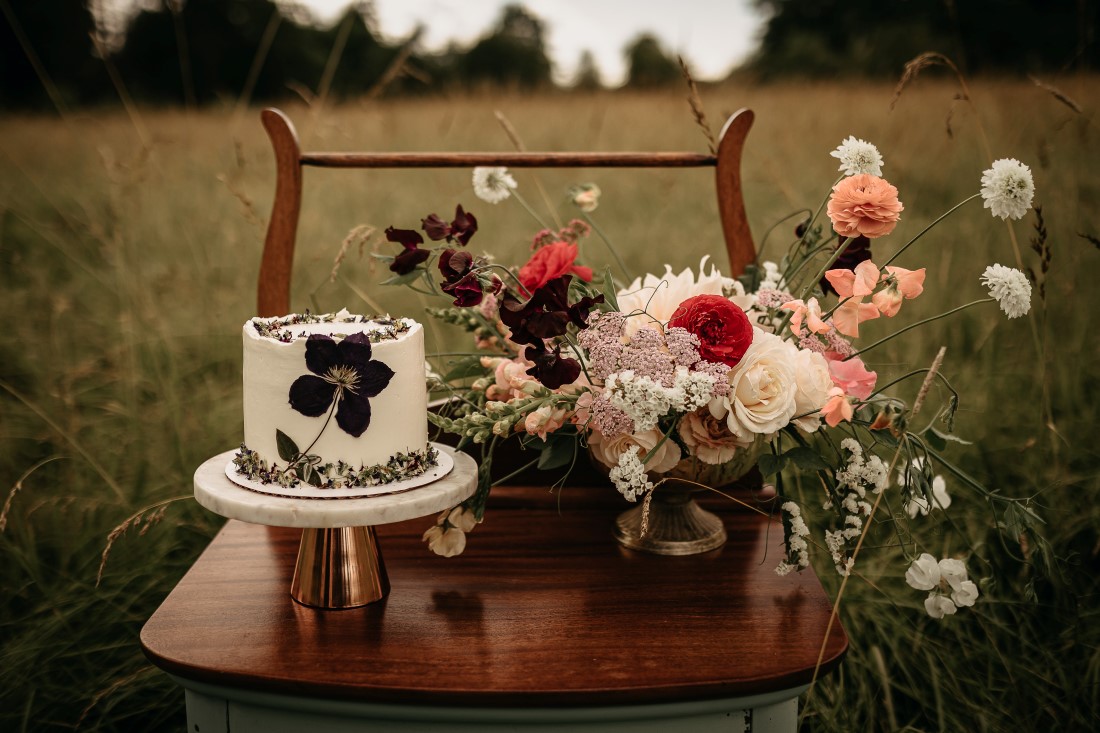 Wildflower Wedding Dessert Cake Table in field of flowers by Schur to Please on Vancouver Island