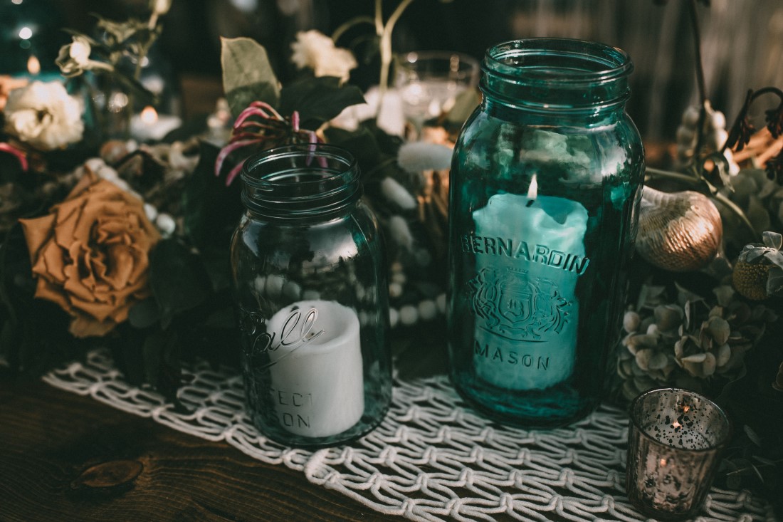 Teal glass jar candleholders