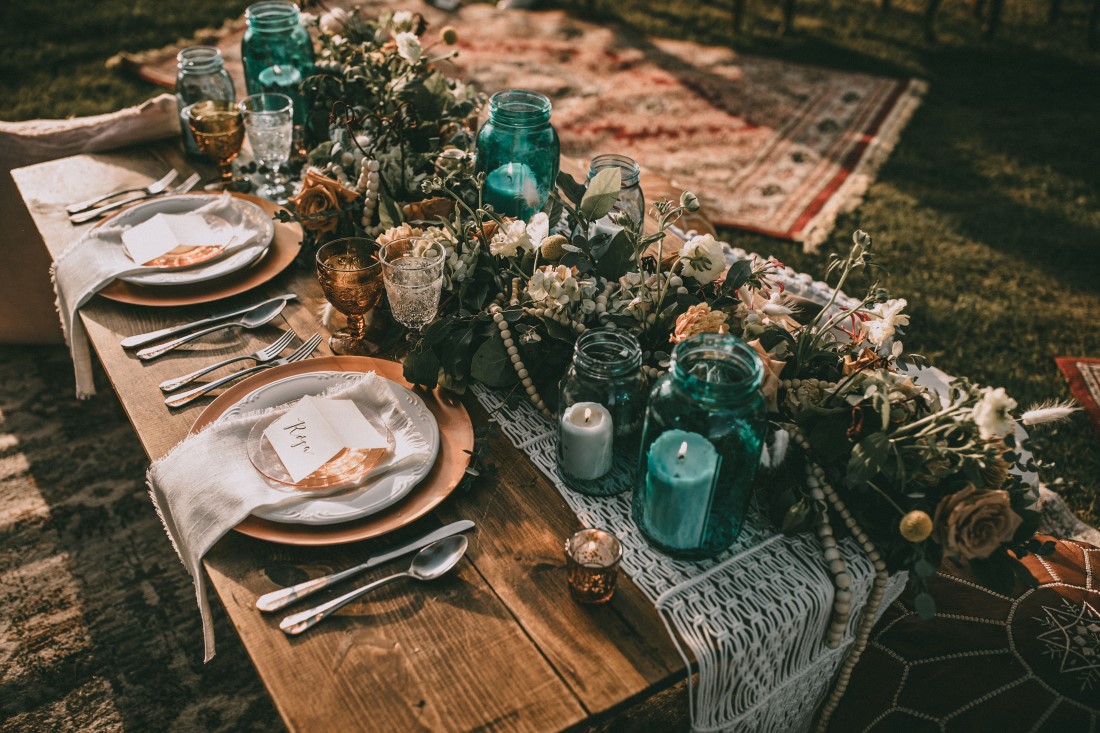 Bohemian Summer Teal and Peach Table Decor by Bridal Beginnings Vancouver