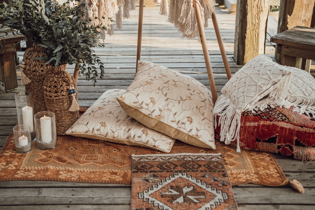 White luxury pillows in newlywed teepee