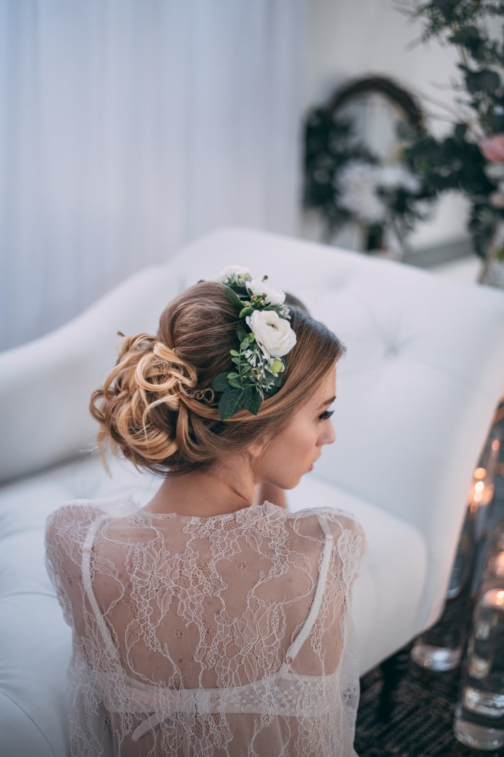 Bridal hair up do with white flowers by Elysian Beauty Bar Vancouver