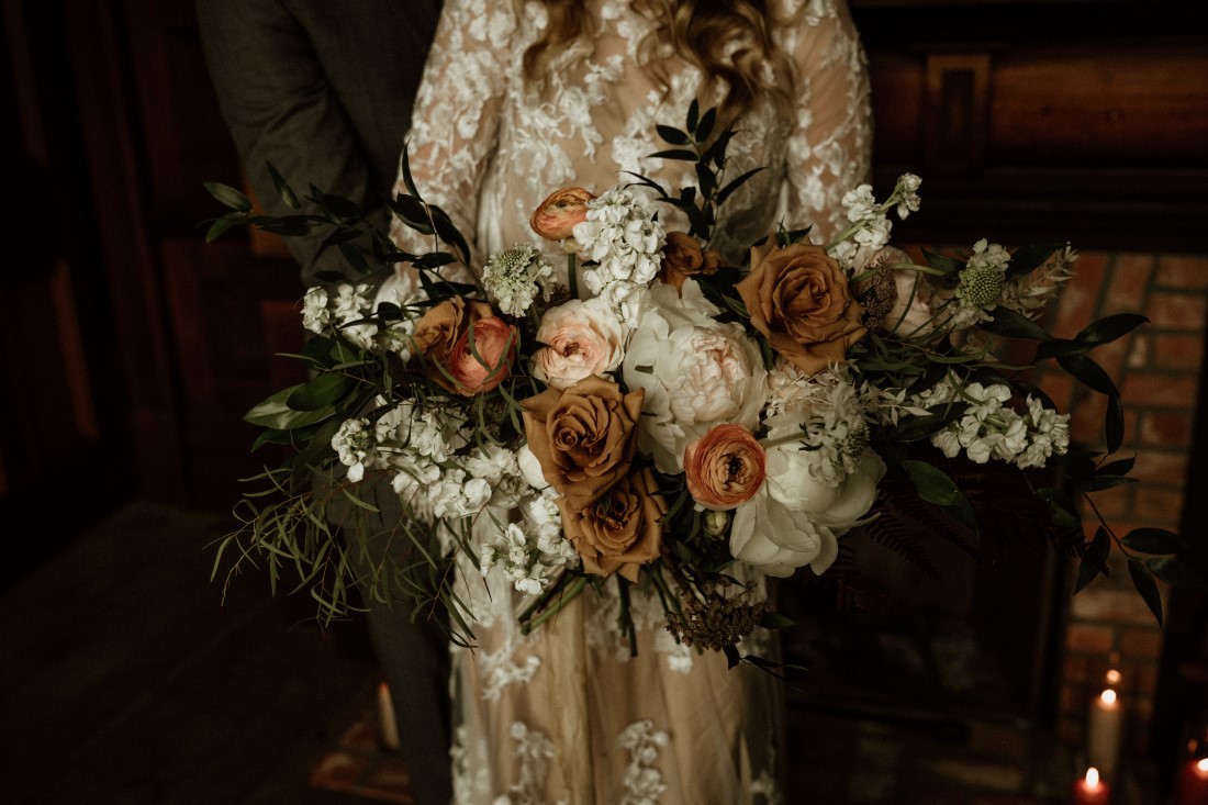 Burnt Orange roses, white peonies and greenery bouquet for the bride