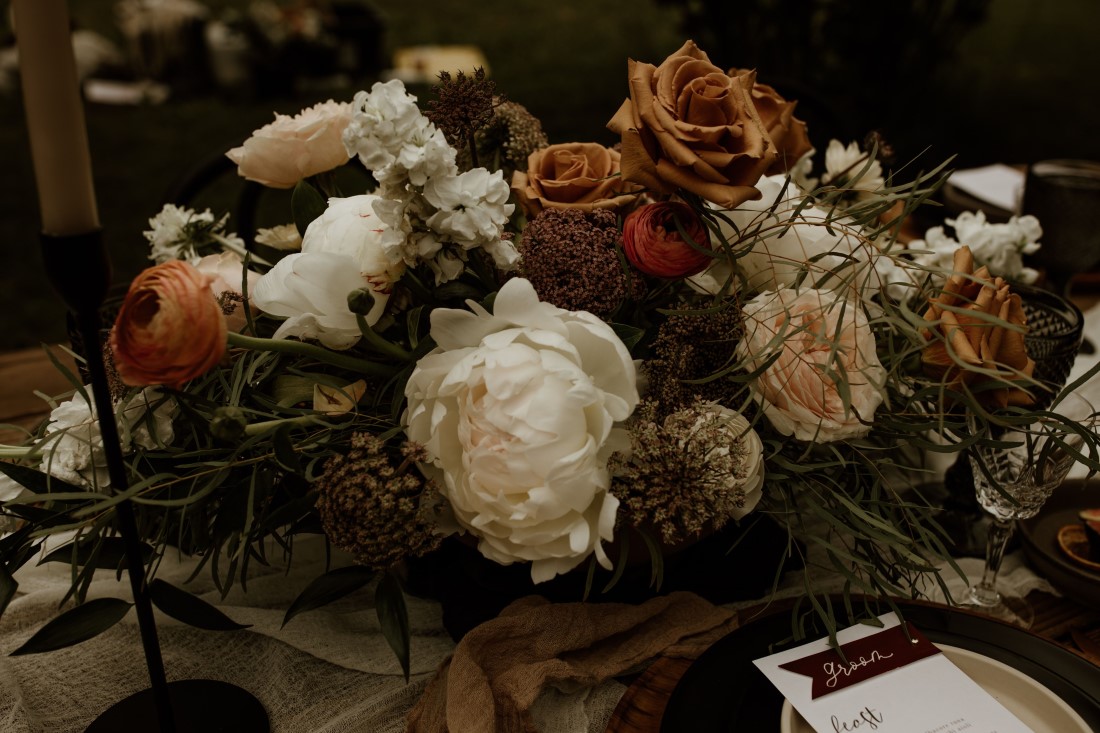 Bridal bouquet of white peonies and deep rust roses by Beyond the Bloom Vancouver Island
