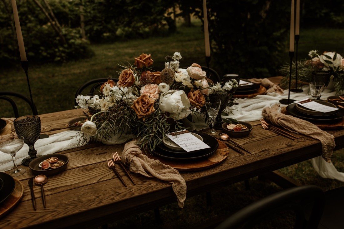 Farm Table wedding setting with roses and greenery at Keating Farm by Vow and Co