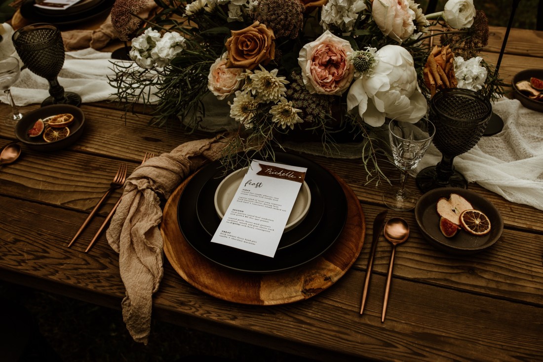 Menu sits on plate surrounded by roses at Keating Farm by Secret Waters Photo