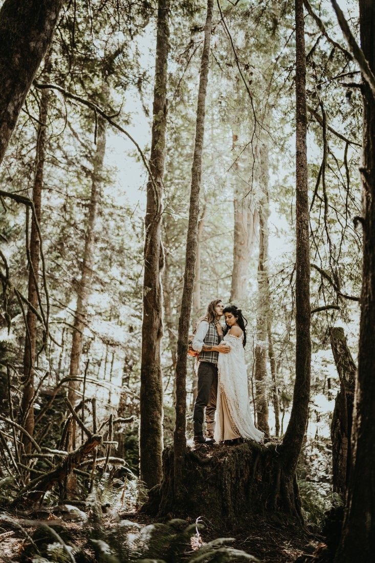 Newlyweds stand on tree stump in the Vancouver Island forest
