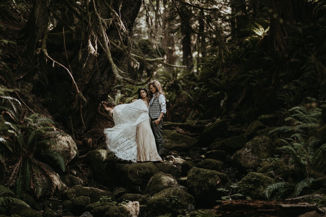 Newlyweds under the forest canopy on Vancouver Island Cedar Haven