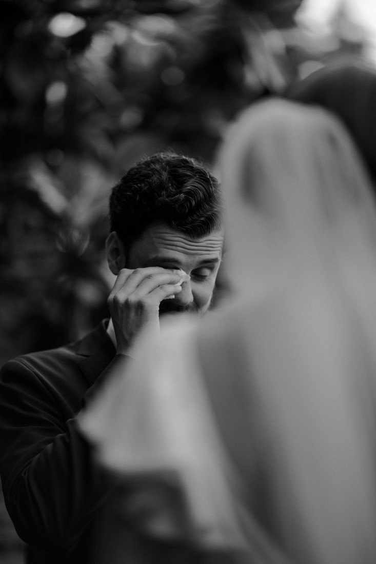 Groom sheds a tear during Vancouver backyard nuptials