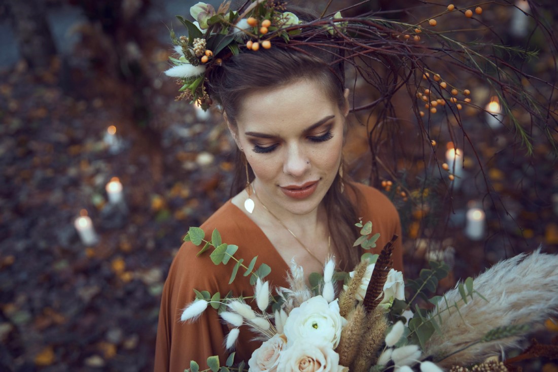 Fall Forest bride and bouquet by Deborah Lee Designs Vancouver