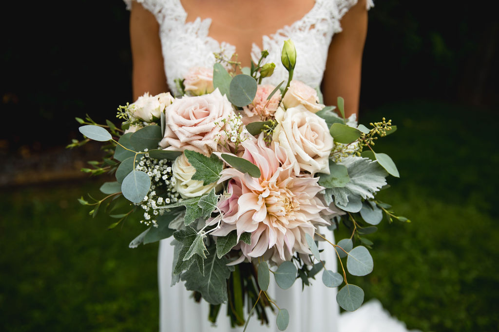 Bridal bouquet with blush roses and eucalyptus