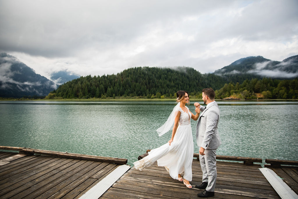 Romantic Newlyweds on Pitt Lake Dock near Vancouver