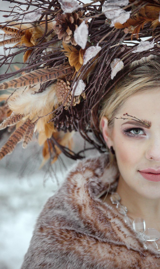 Winter Bride with Willow Headdress and face twig jewelery by Vancouver Mobile Makeup