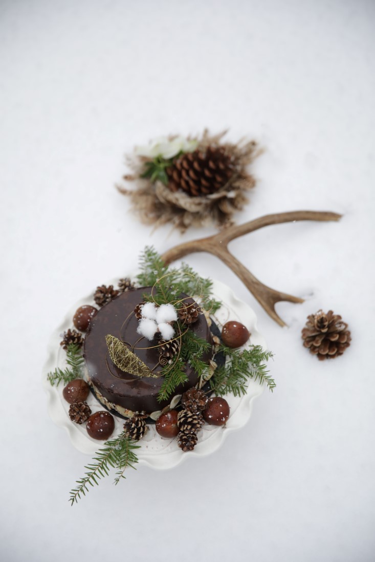 Chocolate Wedding cake in the snow with antlers and pine cones