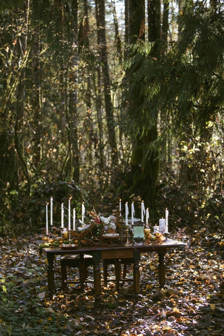 Autumn wedding table sits in Vancouver forest by White Album Weddings