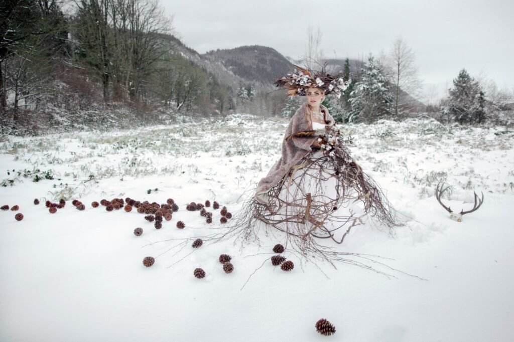 Winter Wedding Beauty Bride with willow and pine cones