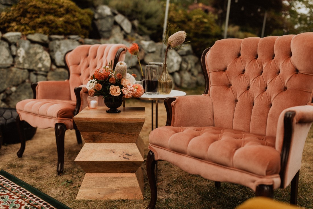 Blush pink couches outdoor at Villa Eyrie by Party Mood