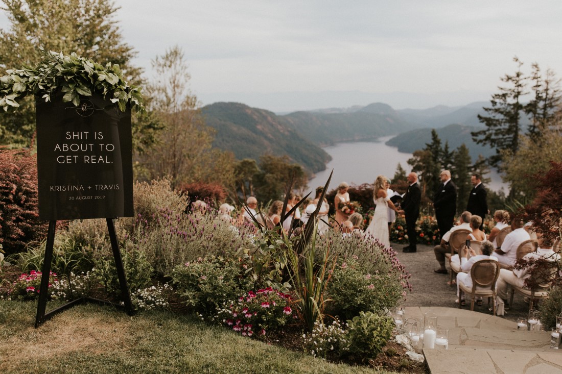 Dreamy Mountain Vows ceremony looking over the Vancouver Island ocean