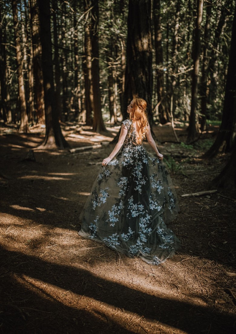 She Wore Flowers bride in Vancouver Island forest by Riske Photography