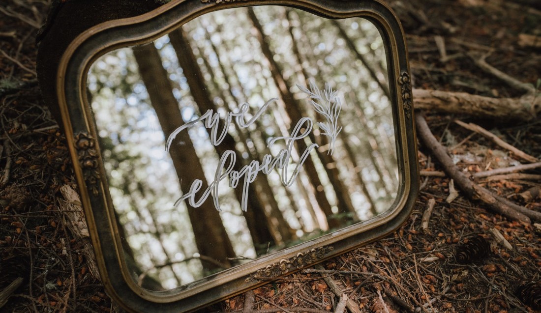 Message on a mirror for forest wedding on Vancouver Island
